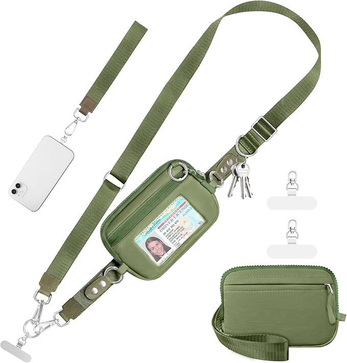 Tiostep Clip and Go Strap for Phone with Wallet Crossbody Phone Lanyard Adjustable and Detachable RFID Wristlet Wallet with ID Window and Zipper, Green