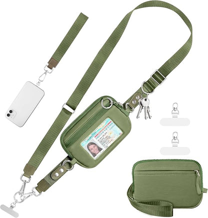 Tiostep Clip and Go Strap for Phone with Wallet Crossbody Phone Lanyard Adjustable and Detachable RFID Wristlet Wallet with ID Window and Zipper, Green