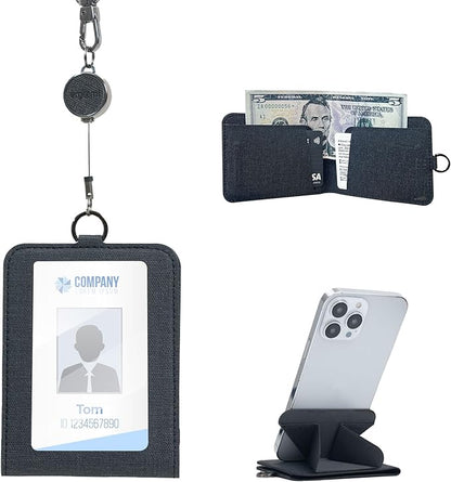 ID Badge Holder with 12-inch Lanyard, ID Card Holder Wallet with Phone Stand, Vegan Leather Slim Badge Wallet for Work, Office, Travel – Fits ID, Keycards & Cash – Dark Grey