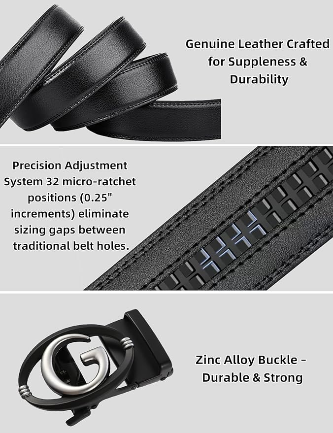 Men's Ratchet Belt Leather Belt Adjustable for Men Gift 1 3/8-Cut for Perfect Fit