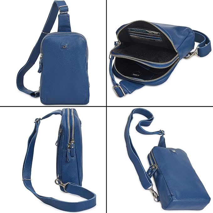 Leather Sling Bag for Women Genuine Crossbody Purse Small Trendy Cross Over Chest with Phone and Credit Card Slots (Sapphire Blue Nappa)