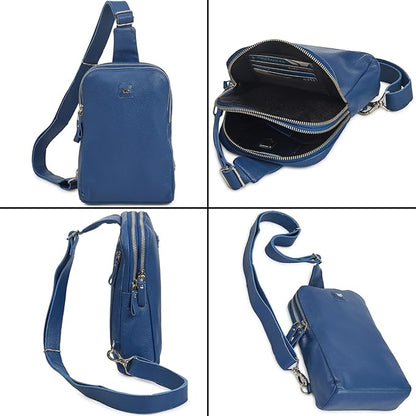 Leather Sling Bag for Women Genuine Crossbody Purse Small Trendy Cross Over Chest with Phone and Credit Card Slots (Sapphire Blue Nappa)