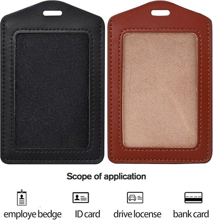 2 Pack Genuine Leather ID Badge Holders, Vertical ID Card Holders with Single-Side Clear Window, Waterproof Name Badge Holde Suit for Office, Staff, Students, Employees
