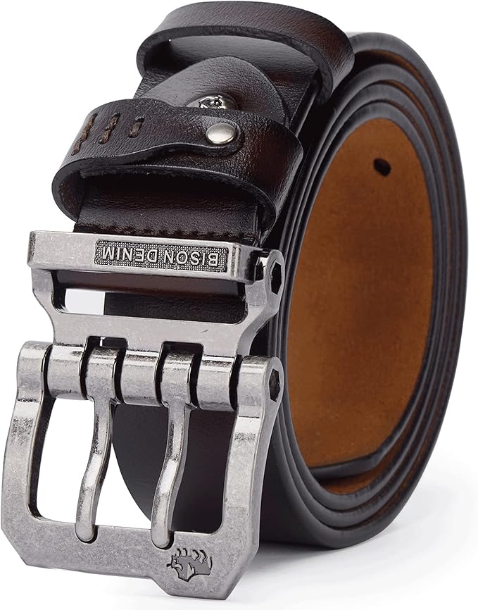 BISON DENIM Men's Belts Leather Dress Genuine Leather Classic Heavy Duty Buckle Belt Casual for Jeans