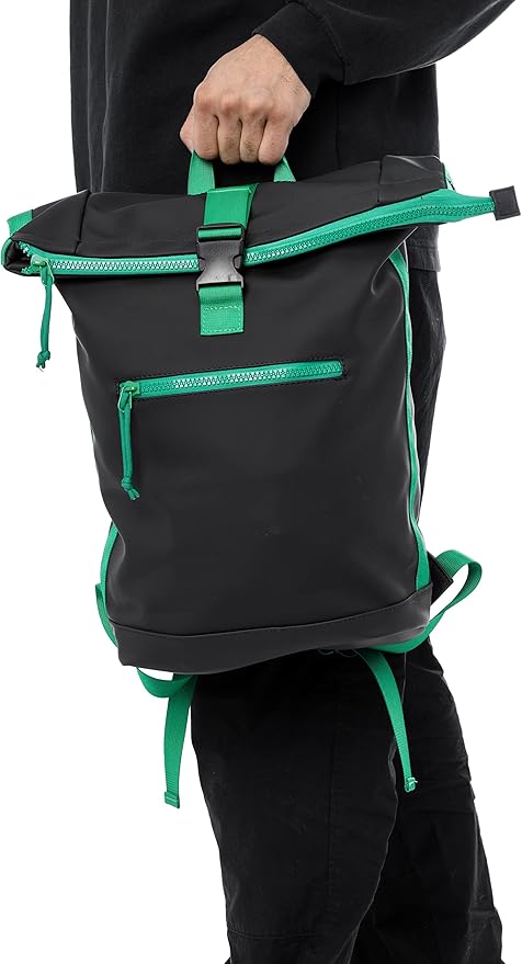 X RAY Roll Top Laptop Backpack for Men Women, PU Leather Expandable Roll Up Backpack Capacity Adjustable 22L Fits 15.6" Laptop, Black/Kelly Green