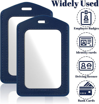 Mabor 2Pcs Leather Badge Holder - Vertical Double-Sided Clear ID Card Sleeve for Office/School/Employee (Navy Blue)