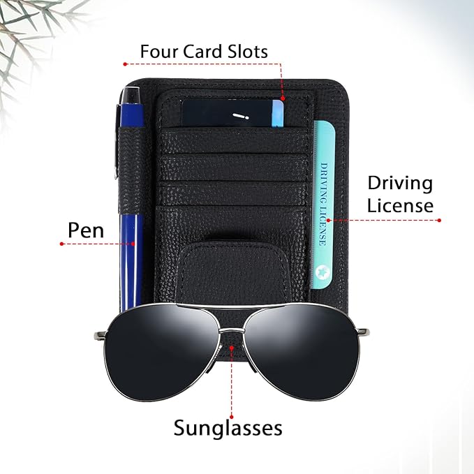 Small Leather Car Sun Visor Organizer and Insurance Card Holder, Auto Car Sun Visor Organizer, Multifunctional Auto Interior Accessories Storage Pocket for Card License Registration Document, Pen, Key