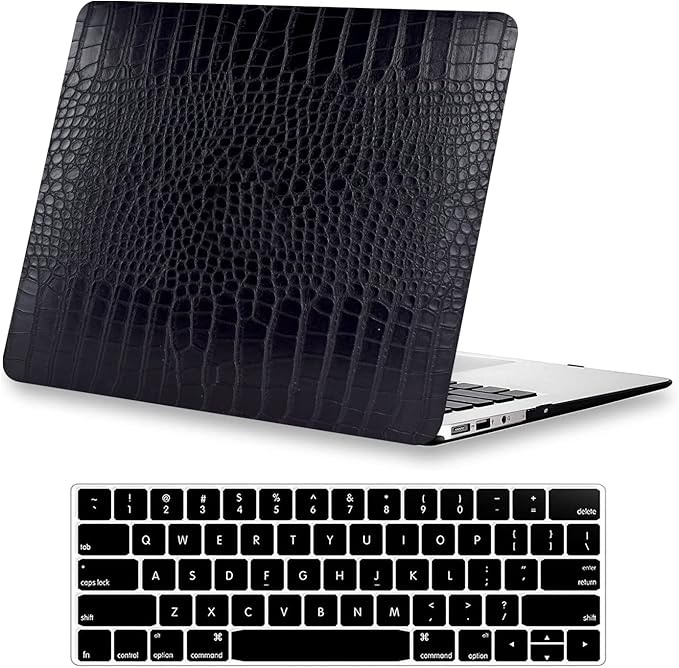 KEROM Compatible with Crocodile MacBook Pro 13 Inch Case 2026 2022-2016 M2 M1 A2338 A2289 A2251 A2159 A1989 A1706 A1708, Textured Aligator Skin Snakeskin PU Leather Hardshell & Keyboard Cover, Black