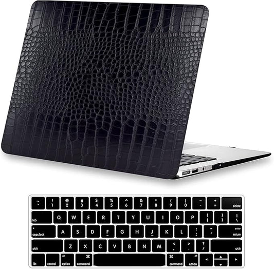 KEROM Compatible with Crocodile MacBook Pro 13 Inch Case 2026 2022-2016 M2 M1 A2338 A2289 A2251 A2159 A1989 A1706 A1708, Textured Aligator Skin Snakeskin PU Leather Hardshell & Keyboard Cover, Black