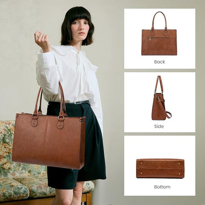 LOVEVOOK Laptop Tote Bag for Women, 17.3 Inch Large Capacity Vintage Leather Work Computer Bag, Business Casual Shoulder Handbag, Dark Brown