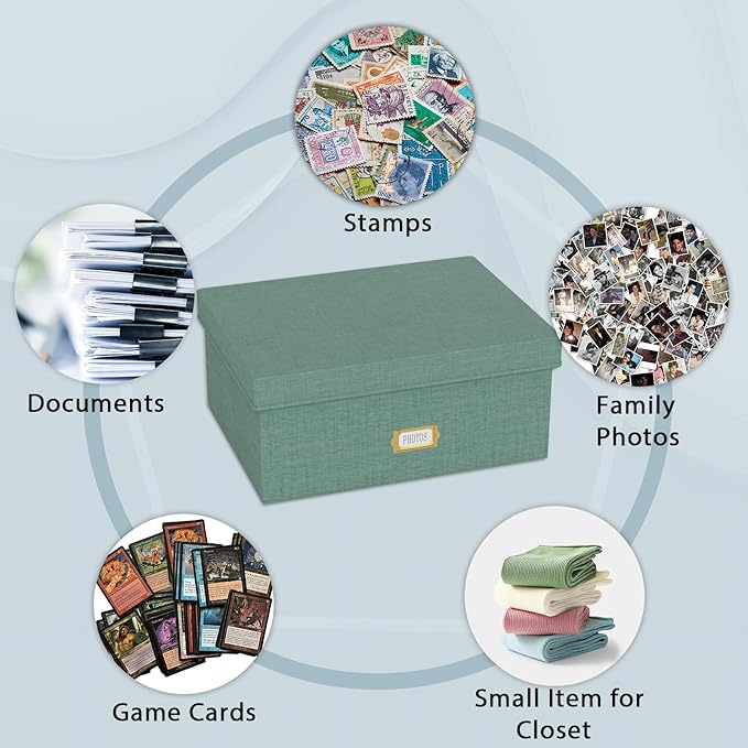 Decorative Photo Storage Box - Linen Photo Box Organizer with Dividers, Fits Holds Up to 1700 Pictures and 5x7 Photos, Memory Keepsake Organizer for Photos, Scrapbook Supplies, Cards, Stamps (Green)