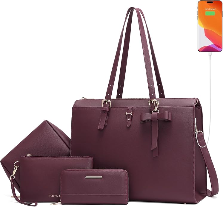 Keyli 4pc Sets Laptop Bag for Women Large Leather Laptop Briefcase with USB Charging Port Computer Shoulder tote Bags Purse