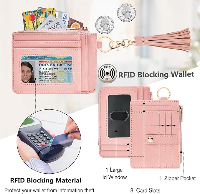 KNGITRYI Wallet Keychain Wristlet for Women,Slim RFID Credit Card Holder Purse Tassel Keychain Bangle Key Ring for Men Women