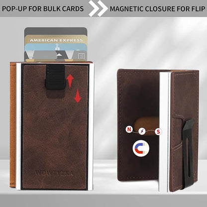 Mens slim Wallet，with RFID Shielding, Holds 9 Cards Easily, card wallet for Men, Minimalist Wallet For Men, Made of aluminum and Pu Synthetic Leather, Includes Cash clip (Coffee Color)