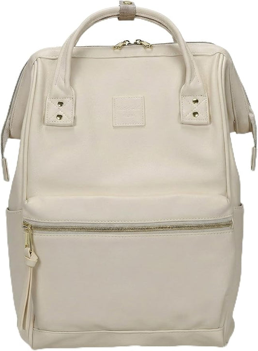Kah&Kee Leather Laptop Backpack for Women, 14-15 Inch Professional Work Bag, Water-Resistant Vegan Leather Doctor Bag Backpack for Teacher, Nurse & Travel, Fits MacBook Air 15 (Ivory,Medium)