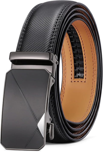 SENDEFN Leather Belt for Men Automatic Ratchet Buckle Slide Dress Casual Belts 1 3/8'' Wide Adjustable Trim to Fit(Black-20)