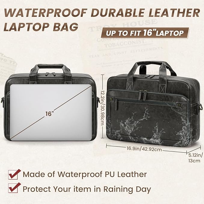 RAINSMORE Mens Laptop Bag 16 Inch Leather Briefcase Vintage Messenger Bag for Men Large Crossbody Shoulder Office Computer Bag Retro College Satchel for Work, Business,Travel, Grey