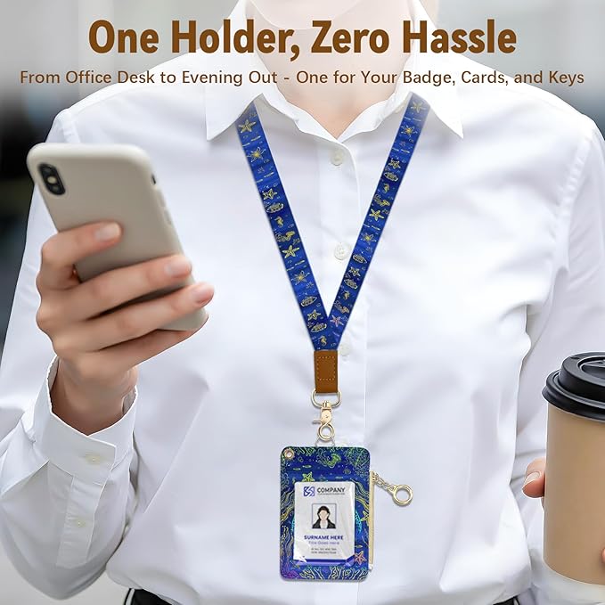 Turtle Leather Badge Holder with Zipper Pocket, Blue Work Lanyards and 1 Zip Pocket, 4 Card Slots, Breakaway Lanyards with Metal Clasp for Offices, Staff, Adult, Employees