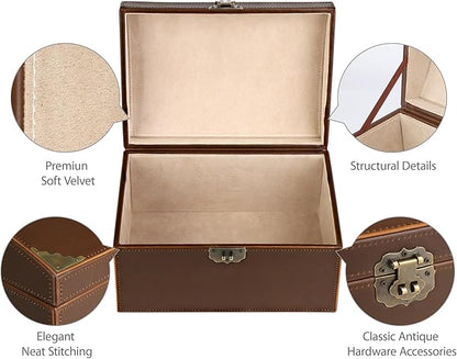 HofferRuffer Faux Leather Decorative Box, Large Wooden Structure Keepsake Box Accessory Organizer Jewelry Organizer with Hinged Lid, Storage Container for Home or Office (Antique Brown)
