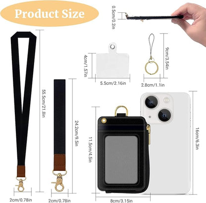 2-in-1 ID Badge Holder & Lanyard Wallet,Multi Use Womens Small Wallet with Zipper Pocket for Women Men with Wristlet and Neck Lanyard 5 Card Slots Work Essential (Black)