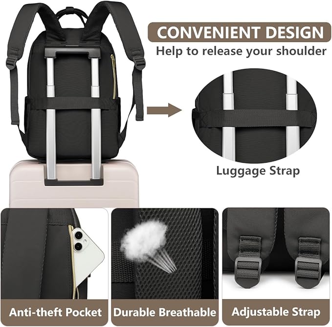 Laptop Backpack for Women Work Bag - 15.6 inch Black Travel Backpack College Backpack with USB Charger Business Office Back Pack for Teacher Casual Waterproof Bookbag for Nurses