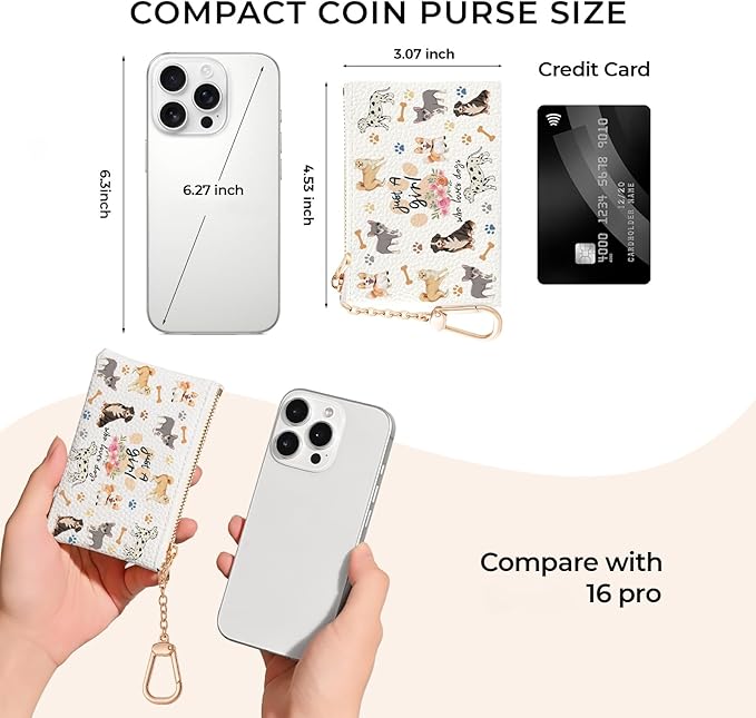 Cute Dogs Keychain Coin Purse for Women, Small PU Leather Change Pouch, Zipper Little Tiny Travel Wallet for Girls Puppy Lovers, Cute Kawaii Zip Pocket Coin Holder with Key Ring