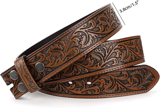 TRIWORKS Western Belt Strap for Men without Buckle 1.5" Wide Floral Engraved Embossed Leather Belt Strap