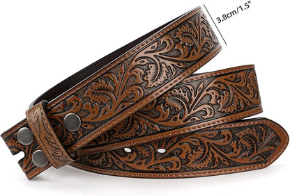 TRIWORKS Western Belt Strap for Men without Buckle 1.5" Wide Floral Engraved Embossed Leather Belt Strap