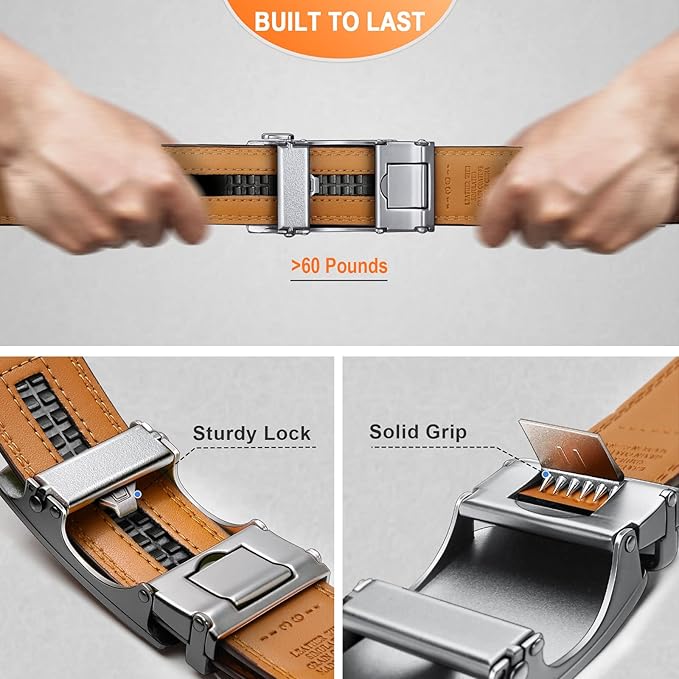 BULLIANT Mens Ratchet Belt,Leather Adjustable Slide Belt For Gift Mens Dress Casual 1 3/8",Size Adjustable