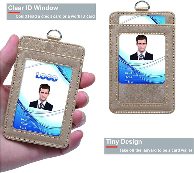 PU Leather ID Badge Holder, Life-Mate ID Badge Holder with 1 Clear ID Window 1 Credit Card Slot and PU Leather Lanyard for Badge Credit Cards College ID Cards in Blonde