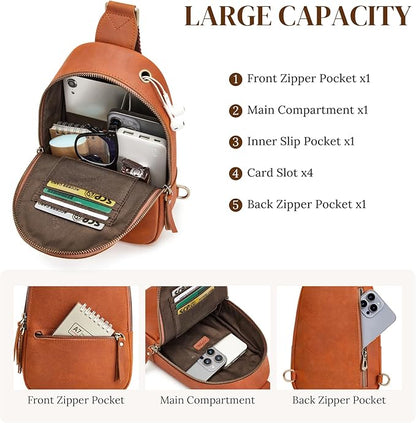 S-ZONE Leather Sling Bags for Women Men, Fanny Packs, Small Crossbody Purse Chest Bag with RFID Blocking