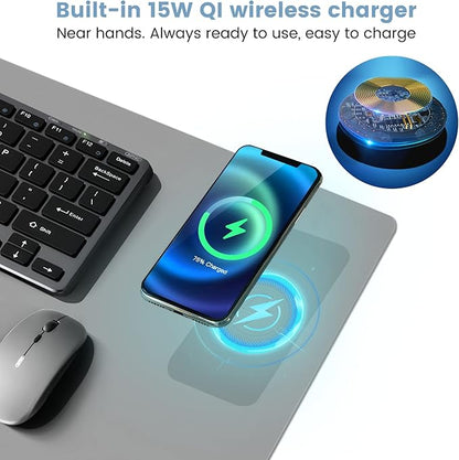 Desk Mat Wireless Charging Mouse Pad Large 32x16 Journey Desk Pad Mat with Wireless Charger Waterproof Grey Leather Computer Mat with Phone Charger Mousepad Non-Slip for Keyboard and Mouse