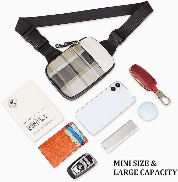Mini Crossbody Sling Bag, PU Leather Chest Bag with Checkered Pattern, Dual Pocket Water Resistant Fanny Pack, Running Phone Holder for Men Women Workout Travelling(Scottish Tartan)