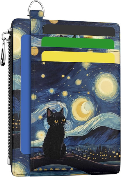 Hancynir Slim Wallet Women Credit Card Holder Black Cat Starry Night RFID Small Mini Card Case Front Pocket PU Leather Thin Travel Zipper Coin Cash ID Window Girls Wallet Gifts