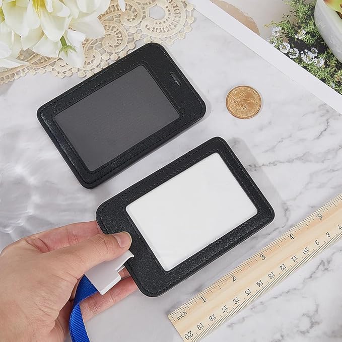 2PCS PU Leather Vertical Badge Holder Black Leather ID Card Case Waterproof Photocard Protector Sided Name Badge Pouch with Clear Window for Office Staff Students School Driver's Licenses