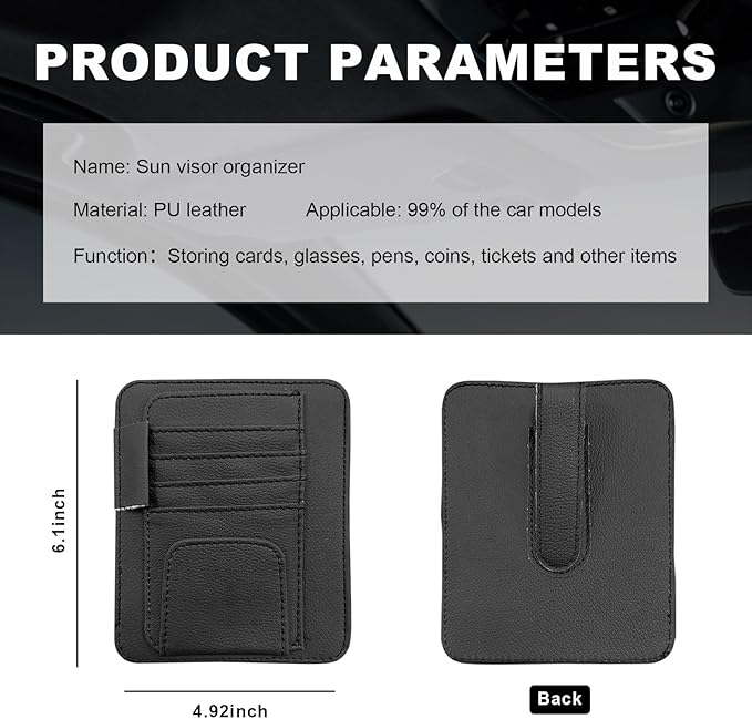 Dickno Small Leather Car Sun Visor Organizer, Multifunctional Auto Visor Document Holder with Sunglasses Clip, Universal Car Interior Organizer for Drving License, Card, Pen (Black)