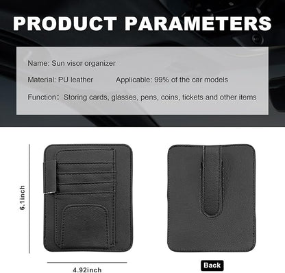 Dickno Small Leather Car Sun Visor Organizer, Multifunctional Auto Visor Document Holder with Sunglasses Clip, Universal Car Interior Organizer for Drving License, Card, Pen (Black)