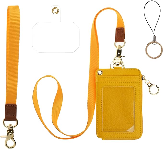 Mondo Designs 2-in-1 ID Badge Holder & Lanyard Wallet - Multi-Use Womens Small Wallet with Removable Wristlet & Neck Lanyard, Clear Window, 5 Card Slots, Phone Holder, Ring Keychain - Yellow