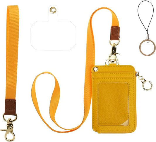 Mondo Designs 2-in-1 ID Badge Holder & Lanyard Wallet - Multi-Use Womens Small Wallet with Removable Wristlet & Neck Lanyard, Clear Window, 5 Card Slots, Phone Holder, Ring Keychain - Yellow