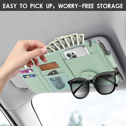 Car Sun Visor Organizer, Leather Pocket Organizer Sunglass Holder for Car Interior Accessories with Multi-Pocket Net Zipper