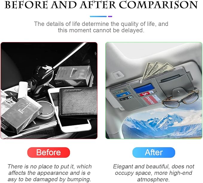 Car Sun Visor Organizer, Leather Storage Pocket Sun Visor Pouch with Zipper for Cards License Registration Pen Glasses Document, Fits Most Car SUV, Auto Interior Accessories for Men Women (Gray)
