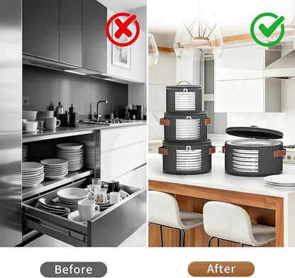 4 Piece China Storage Containers, Dish Storage Containers with Clear Windows, Hard Shell Plate Organizer with Handles, Stackable Moving Boxes for Dishes, Glassware, Dinnerware, Plates, Dark Gray