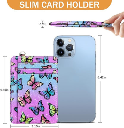 Yonlevres Credit Card Holder Slim Wallet, Butterfly RFID Wallet Women Front Pocket Small Card Holder, Travel Cute Funny Thin Card Case ID Window PU Leather RFID Blocking Card Organizer Gifts Girls