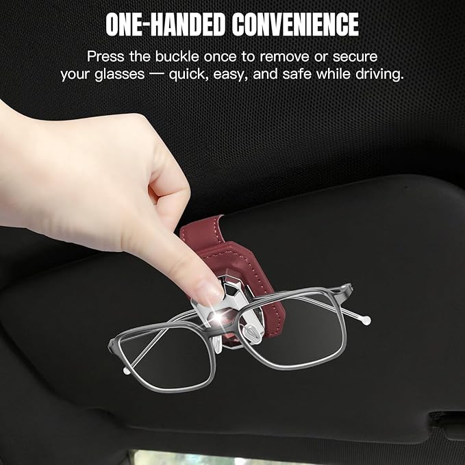 2PCS Sunglass Holder for Car Visor, Faux Leather Eyeglass Holder Clip for Car Sun Visor Organizer, Universal One Handed Operation Sun Glass Hanger, Car Interior Accessories for Women Man