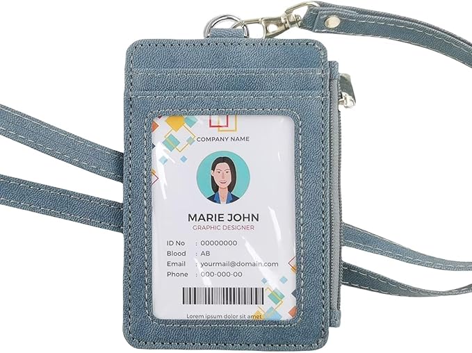 Blue Lanyard Wallet for ID Badges with Long Neck Lanyards and Wristlet Strap, Vertical PU Leather Badge Holder Case with Zipper Pocket for Offices ID, School ID, Driver Licence
