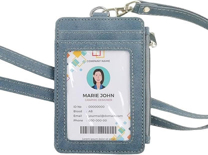 Blue Lanyard Wallet for ID Badges with Long Neck Lanyards and Wristlet Strap, Vertical PU Leather Badge Holder Case with Zipper Pocket for Offices ID, School ID, Driver Licence