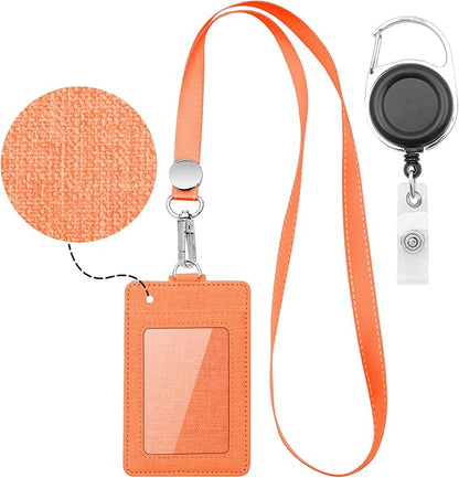 Life-Mate Badge Holder - Leather ID Badge Card Holder Wallet Case with 3 Cards Slot and Neck Lanyard/Strap. Additional Retractable Badge Reel with Belt Clip (Orange, Linen Finish)