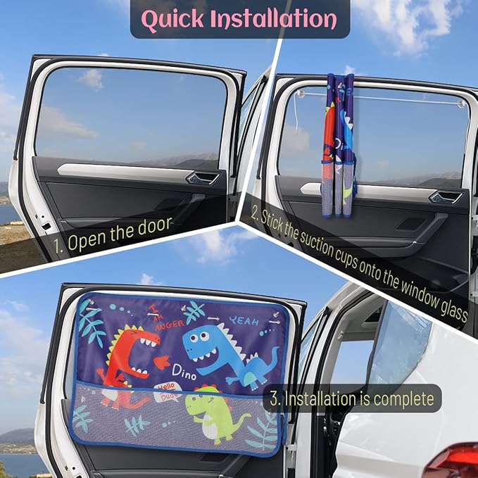 DIZA100 Car Window Shade for Baby, 2 Pack Car Sun Shades with Storage Net Pocket Auto Window Curtain 7 Suction Cups Blue Dinosaurs for Sun/Heat/UV Rays Protection Kids