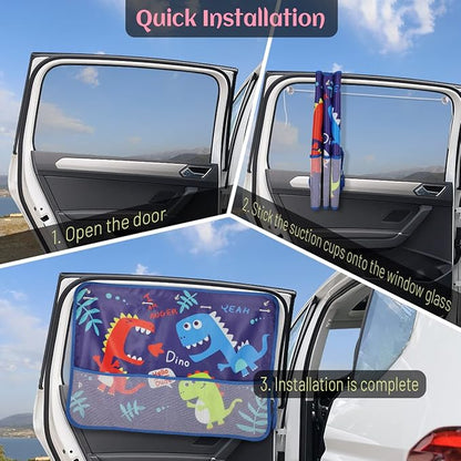 DIZA100 Car Window Shade for Baby, 2 Pack Car Sun Shades with Storage Net Pocket Auto Window Curtain 7 Suction Cups Blue Dinosaurs for Sun/Heat/UV Rays Protection Kids