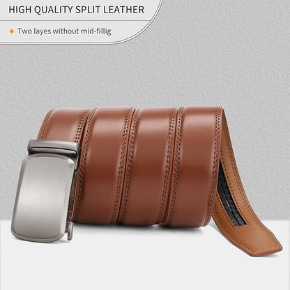 SENDEFN Men's Leather Belt Automatic Ratchet Buckle Slide Belt for Dress Casual Trim to Fit with Gift Box